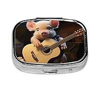 Piglet Playing Guitar Print Pill Box Square Metal Pill Case with 2 Compartment Portable Travel Pillbox Cute Mini Medicine Organizer for Pocket Purse