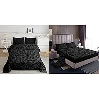 Erosebridal 7 Piece Queen Size Black Damask Bedding Set with Antique Victorian Baroque Comforter and Sheet Set