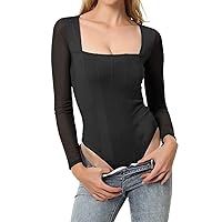 Long Sleeve Bodysuits for Women Square Neck Body Suits Sexy Mesh Sheer Bodysuit Going Out Shirts Y2K Tops