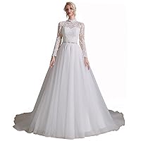 Women's Long Sleeves A-line Beaded Applique Tulle Wedding Dress