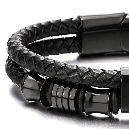 COOLSTEELANDBEYOND Mens Double-Row Braided Leather Bracelet Bangle Wristband with Stainless Steel Ornaments