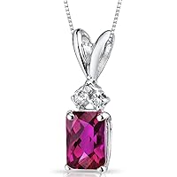 PEORA Created Ruby with Genuine Diamond Pendant in 14 Karat White Gold, Elegant Solitaire, Radiant Cut, 7x5mm, 1.30 Carats total