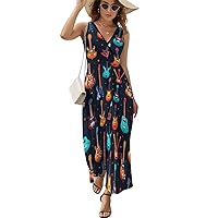 Music Pattern Guitar Women's Summer Dress Sleeveless Long Maxi Dress Casual Sundress Tank Dress