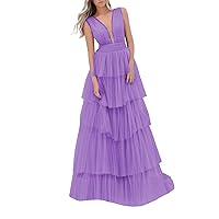 Women's Tulle Prom Dresses V Neck Ruffled Formal Evening Party Gowns Long Backless Ball Gowns A-Line