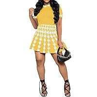 Womens Sexy 2 Pieces Houndstooth Printed T-Shirts Bodycon Pleated Skirts Party Clubwear Dress Outfits Set