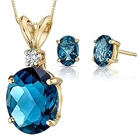 Peora 14K Yellow Gold London Blue Topaz Pendant and matching Earrings - Oval Shaped London Blue Topaz Diamond Pendant 3 Carats + Oval Shaped London Blue Topaz Stud Earrings 2 Carats