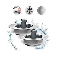 Hibbent Upgraded 2 Pack 3 in 1 Kitchen Sink Drain Strainer and Stopper Combo, Stainless Steel Metal Pop Up Sink Stopper, Anti-Clogging Basket with Foldable Handle for US Standard 3-1/2 Inch Drain