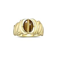 Rylos Solitaire 9X7MM Oval Gemstone Ring with Satin Finish Band Yellow Gold Plated Silver Birthstone Rings Size 5-13