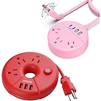3 Prong Red USB Power Strip,Pink 2 Prong Power Strip with USB C Desktop Charging Station for Travel, Cruise Ships, Office, Nightstand