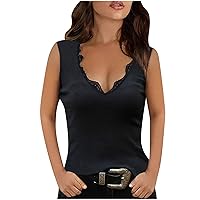 Womens Slimming Tank Tops Sexy Lace Trim V Neck Tee Shirts Fitted Low Cut Cleavage Top Ladies Going Out Tank Vests