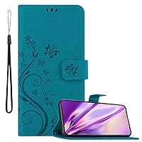 Book Case Compatible with Samsung Galaxy S22 in Floral Blue - Cover in Flower Design with Magnetic Closure, Stand Function and 3 Card Slots - Wallet Etui Pouch PU Flip