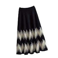 Autumn and Winter Geometric Pattern Knitted Skirt Womens Fashion High-Waist Midi Skirt Woolen A-Line Long Skirt