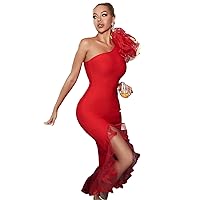 Excellent Women Evening Gown Dress Red Ruffle Bandage One Shoulder Mesh Sexy Sleeveless Bodycon Dress