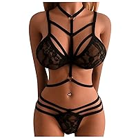 Women's Crotchless Lingerie Sexy Lace Breathable Lightweight Cross Band Two Piece Set Bodysuit