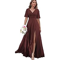 Chiffon Bridesmaid Dresses for Wedding V Neck Formal Gown Pleated Long Evening Dress with Sleeves