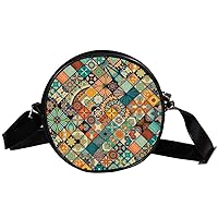 Mandala Mosaic Pattern Circle Shoulder Bags Cell Phone Pouch Crossbody Purse Round Wallet Clutch Bag For Women With Adjustable Strap