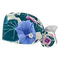 2 Pcs Adjustable Working Caps, Beautiful Tulip Floral Sunset Landscape Bouffant Scrub Cap for Women Long Hair