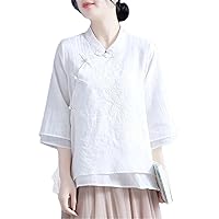 Cheongsam Women Top Spring Cotton Linen Blend Embroidery Irregular Chinese Style Loose Qipao Shirt Women