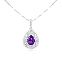 Natural Amethyst Halo Teardrop Pendant Necklace with Diamond for Women in Sterling Silver / 14K Solid Gold/Platinum