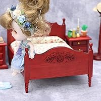 AirAds 1:12 Scale Dollhouse Miniature Furniture Wooden red Bed with Mattress, 2 nightstands (Set 3Pcs)