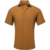 Hi-Tie Men's Casual Brown Short Sleeve Button Down Shirt 4-Way Stretch Wrinkle Free Summer Beach Shirt Hawaiian Vacation Prom