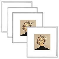 10x10 Picture Frame Set of 4, Matted Silver Simple Modern Brushed Thin Aluminum Metal Square Photo Frame Fits 6x6 with Mat or 10 x 10 without Mat Display For Tabletop or Wall Collage