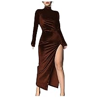 Maxi Dress for Women Sexy Bodycon Smocked Empire Waist Velvet Slit Dress Elegant Formal Solid Color High Neck Long Sleeve Maxi Dress for Wedding Guest Nightclub Date Brown XXL