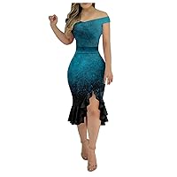 Floral Maxi Dresses for Women, Button Down Dress for Women Prom Dresses 2024 Plus Size Irregular Hem Dress Women's Trendy One Shoulder Sexy Backless Flower Print Casual Midi Fashion (Blue,Small)