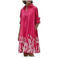 Women Trendy Floral Print Button Down Lapel Tunic Dress Dressy Casual Long Sleeve Loose Fit Pockets Shirt Dresses