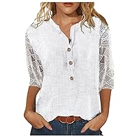 Womens 3/4 Length Sleeve Tops 2024,Floral Button Down Shirts for Women Crew Neck T Shirts Loose Casual Blouses Ladies Lace Hollow Three-Quarter Sleeve Shirt Blouses