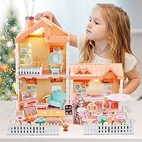 OENUX Dollhouse for Girls, Small Doll House 4-5 Year Old with Pretend Play Furniture,Lights and Flower Garden Building Toy, Princess Castle Dollhouses for Toddler Kids Indoor