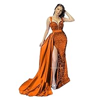 Women's Sequin Mermaid Prom Dresses 2024 Satin Spaghetti Strap Evening Gowns Long Split with Train