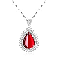 Water Drop Ruby Pendant Necklace with Double Zirconia Pave Around Pendant
