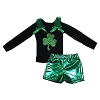 Petitebella Sequins Clover Black L/s Shirt Green Bling Short Set 1-8y