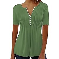 Womens Short Sleeve Tunic Tops V Neck Henley Shirts Dressy Casual Summer Solid T Shirts Ladies Loose Button Up Blouses