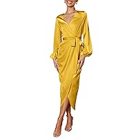 PRETTYGARDEN Womens Puff Sleeve Wrap V Neck Ruched Belted Long Formal Satin Cocktail Dress