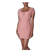 Womens Pink Stretch Ruched Sheer Keyhole Lined Floral Short Sleeve Scoop Neck Short Party Body Con Dress Juniors XS