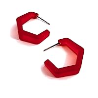 Cherry Red Frosted Lucite Tapered Hex Hoop Earrings - TPHX-RD-1