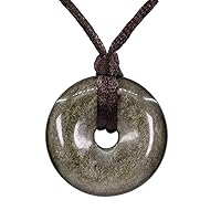 Keleny Semi Precious Gemstones 30mm Circle Coin Peace Donut Beads Adjustable Braided Rope Pendant Necklace
