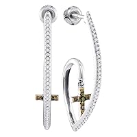 10kt White Gold Womens Round Green Color Enhanced Diamond J Hoop Cross Dangle Earrings 1/4 Cttw