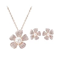 Gold Pearl Ladies Flower Rose Jewelry Diamond Flower Set Jewelry Sets Silver Jewelry Set for Women (Rose Gold, One Size)