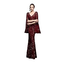 Womens Mermaid Long Prom Evening Dress Gown Sexy V Neck Sequins Long Sleeves Formal Party Cocktail Dresses