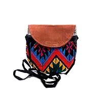 Mini Round Multicolored Tribal Embroidered Tan Leather Suede Slim Purse Crossbody Bag - Womens Handmade