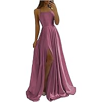 Spaghetti Straps Satin Prom Dresses Long with Side Slit A Line Bridesmaid Dress with Pockets