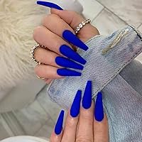 Long Coffin Press on Nails Blue Artificial Fake Nails Ballerina Matte Full Cover False Nail for Women and Girls (24 Pcs)