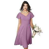 AW BRIDAL V-Neck Chiffon Short Bridesmaid Dresses with Sleeves for Women Party Homecoming