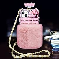 LUVI Compatible with iPhone 14 Plus Perfume Bottle Case Women Girls Cute Plush Fuzzy Furry 3D Bling Diamond Glitter Crystal Rhinestone Design with Crossbody Neck Strap Lanyard Phone Case Pink