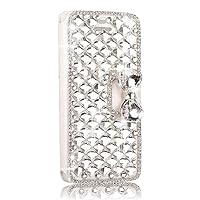 Crystal Wallet Phone Case Compatible with Samsung Galaxy A52 4G - Square Grid Lattice - White - 3D Handmade Glitter Bling Leather Cover with Screen Protector & Neck Strip Lanyard