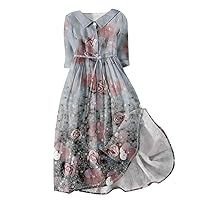 Floral Dresses for Women 2024, Women's Casual Print Lapel Collar Button 3/4 Sleeve Clothing Straps, S XXXL