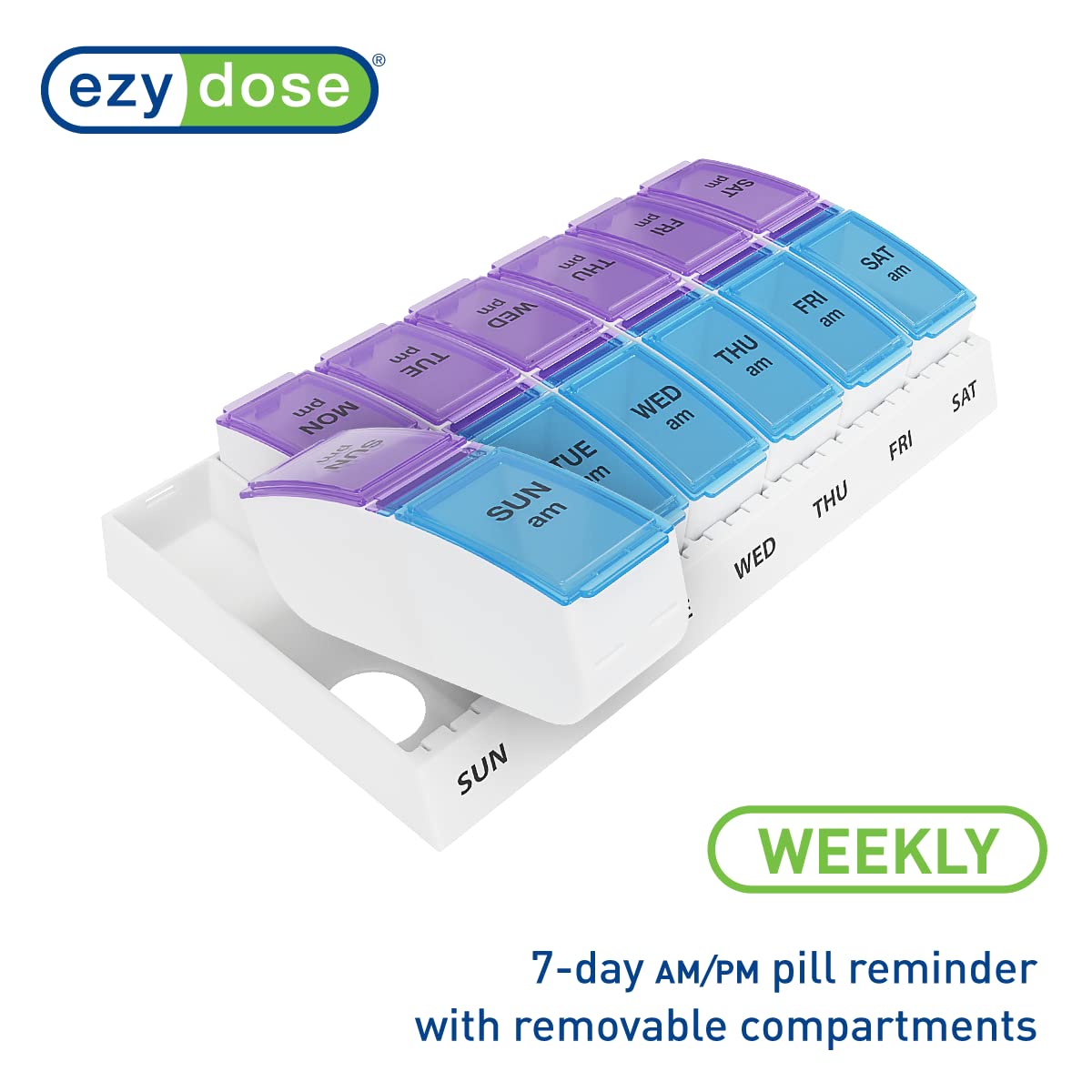 Ezy Dose Weekly (7-Day) AM/PM Pill Organizer, Vitamin and Medicine Box, Small Pop-out Compartments, 2 Times a Day, Blue and Purple Lids